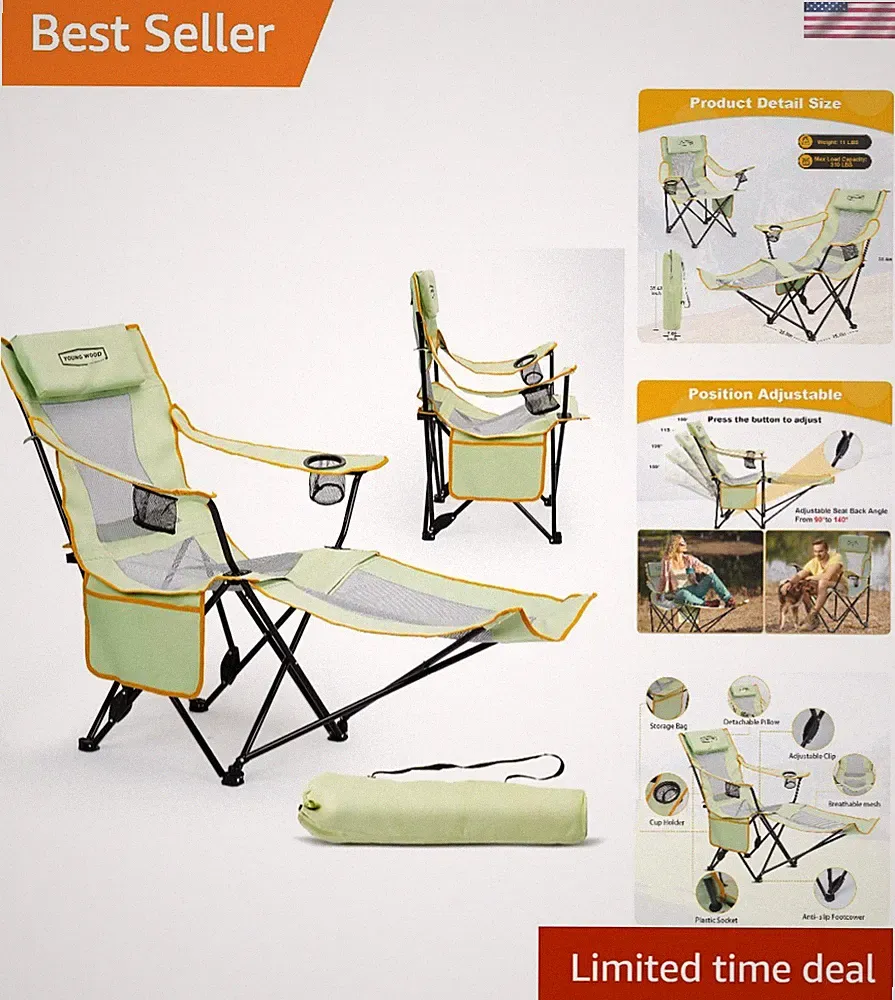 Adjustable Reclining Camping Lounge Chair with Footrest & Headrest - Green