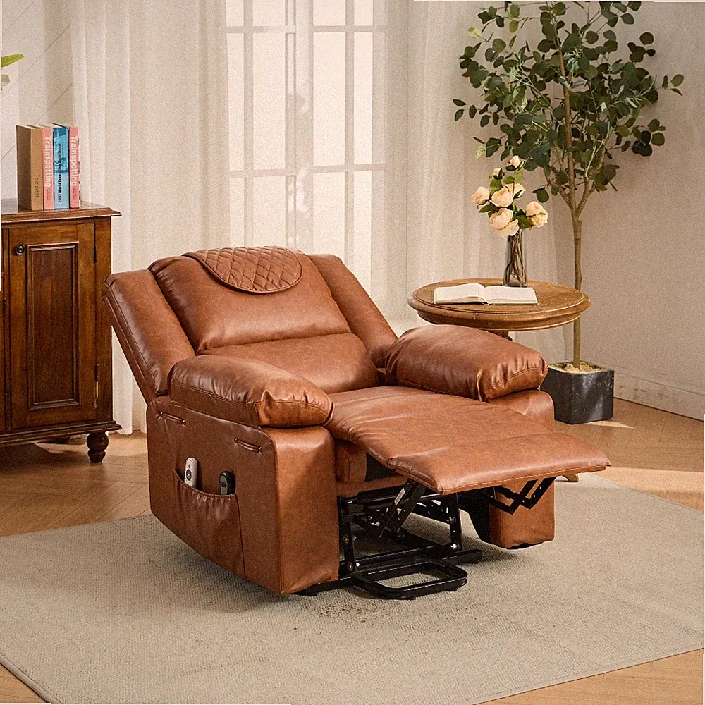 For Seniors Brown PU Remote-Controlled Heating and Massage Assistive Recliner