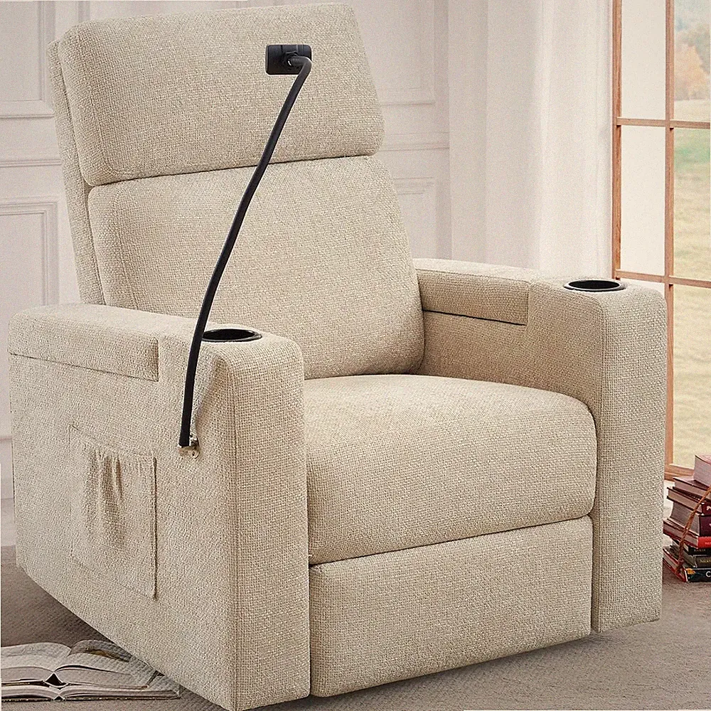 Light Brown Power Recliner Chair with USB, Storage & Adjustable Phone Holder
