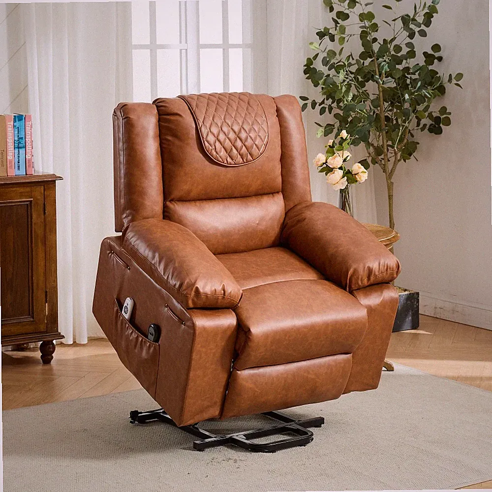 PU Brown Remote-Controlled Heating and Massage Assistive Recliner for Seniors