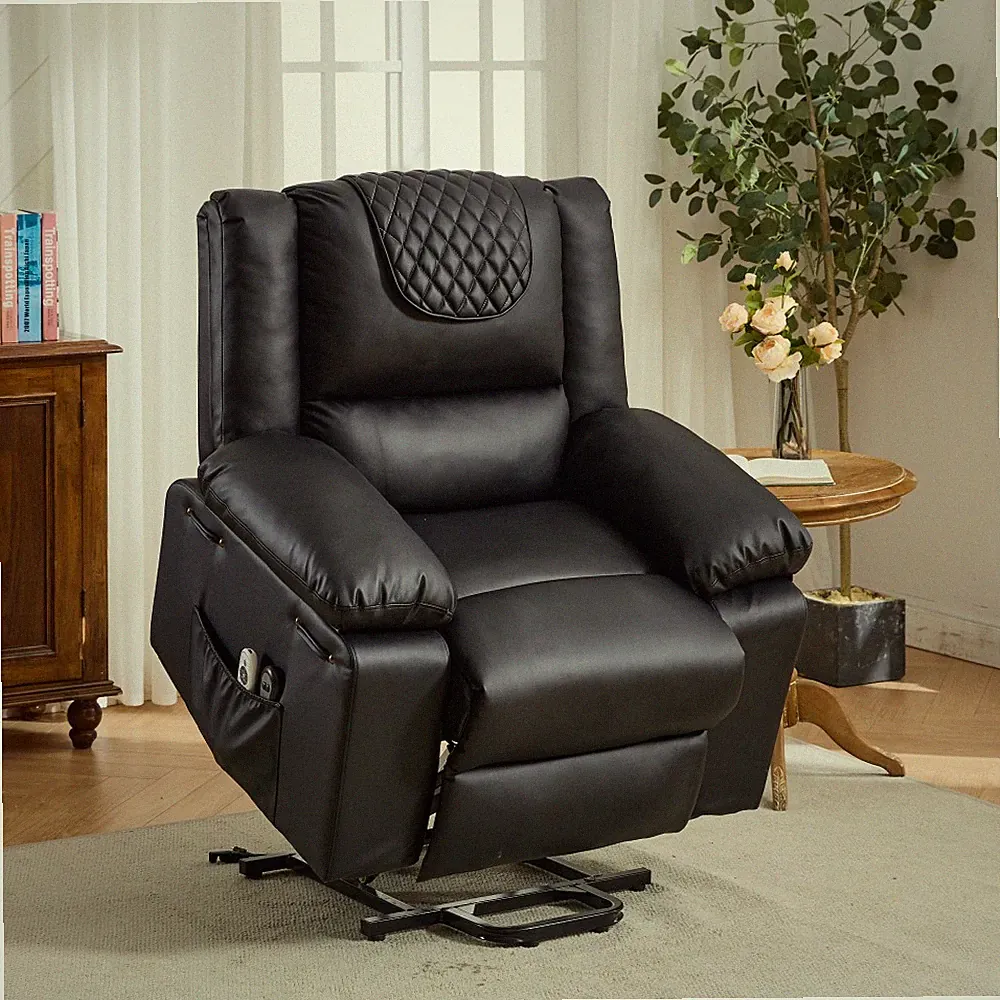 PU Remote-Controlled Heating and Massage Assistive Recliner for SeniorsI Black